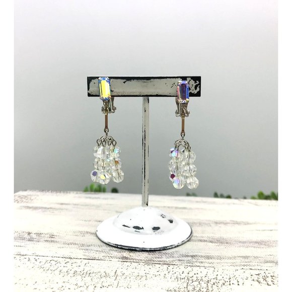 Vintage Lewis Segal California Clip On Earrings Rectangle AB Rhinestone With AB - Picture 3 of 6